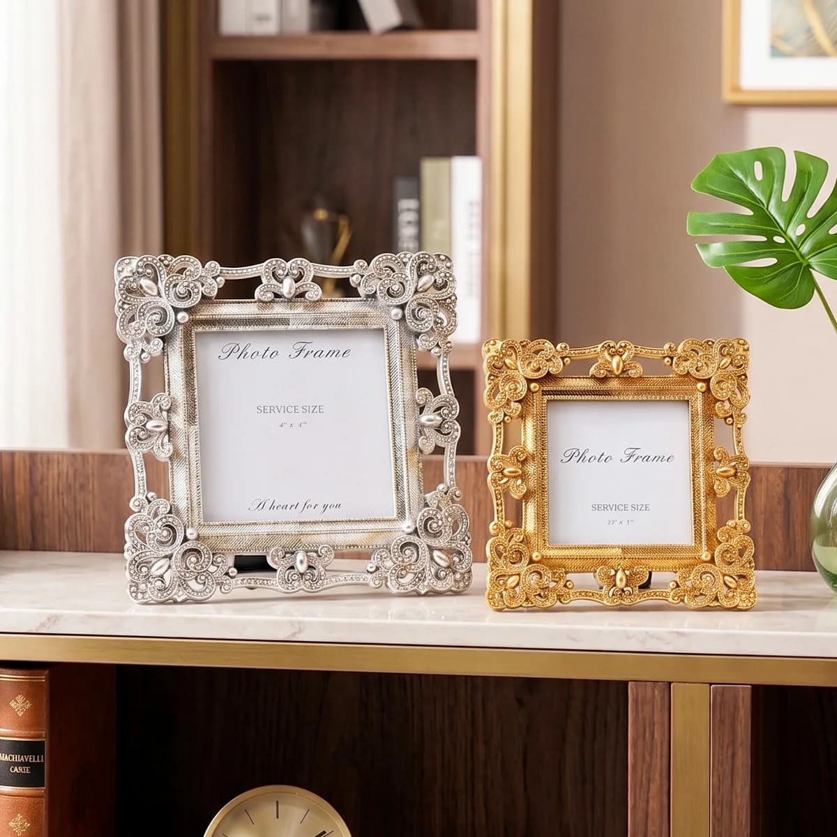 1PC, French-style hollowed-out pearl engraved square picture frame, gold and silver dual-color resin tabletop