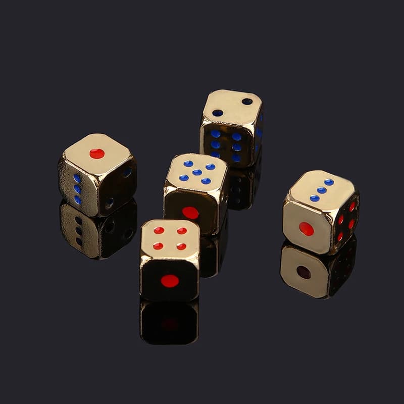 5 pezzi/1 set di dadi creativi in metallo dorati/argento, divertenti dadi da gioco con punti colorati, accessori per giochi da tavolo, 13 mm