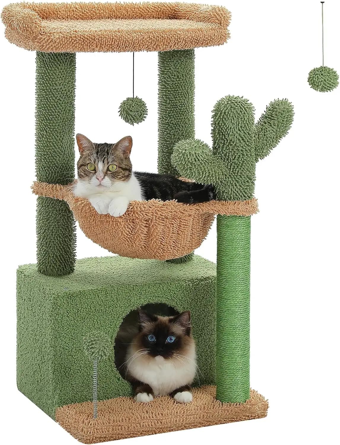 Albero per Gatti 4-in-1 a Forma di Cactus con Cuccia, Amaca e Tiragraffi per Gatti da Interno, Verde