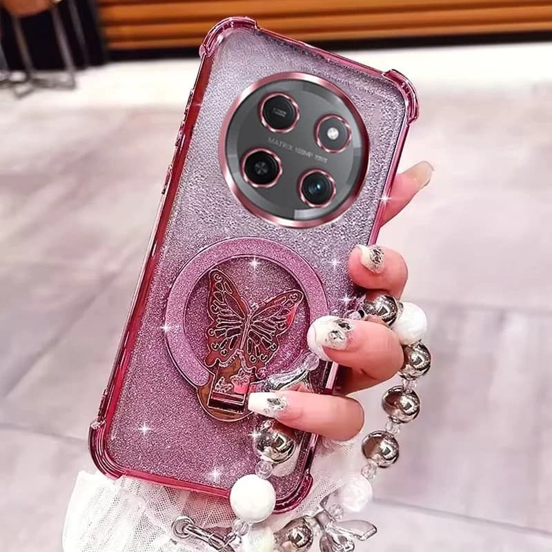 Custodia per telefono con supporto a farfalla e braccialetto di perline per Honor Magic 7 8 Lite X9C X6A X6B X6C X8B X8C X7D X5C X9D, antiurto e glitterata
