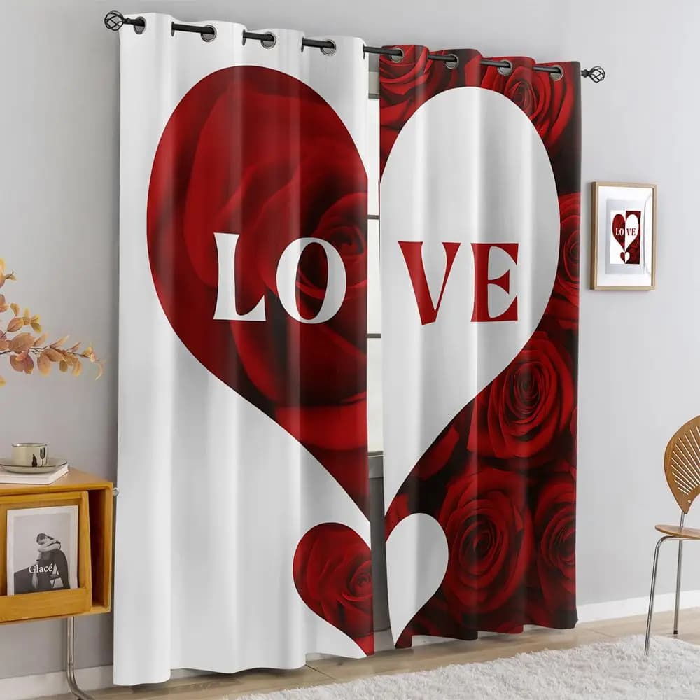 2Pc Red Rose Love Heart Print Curtains Light Blocking Curtains Drapes Romantic Decor Curtain for Bedroom Living Room