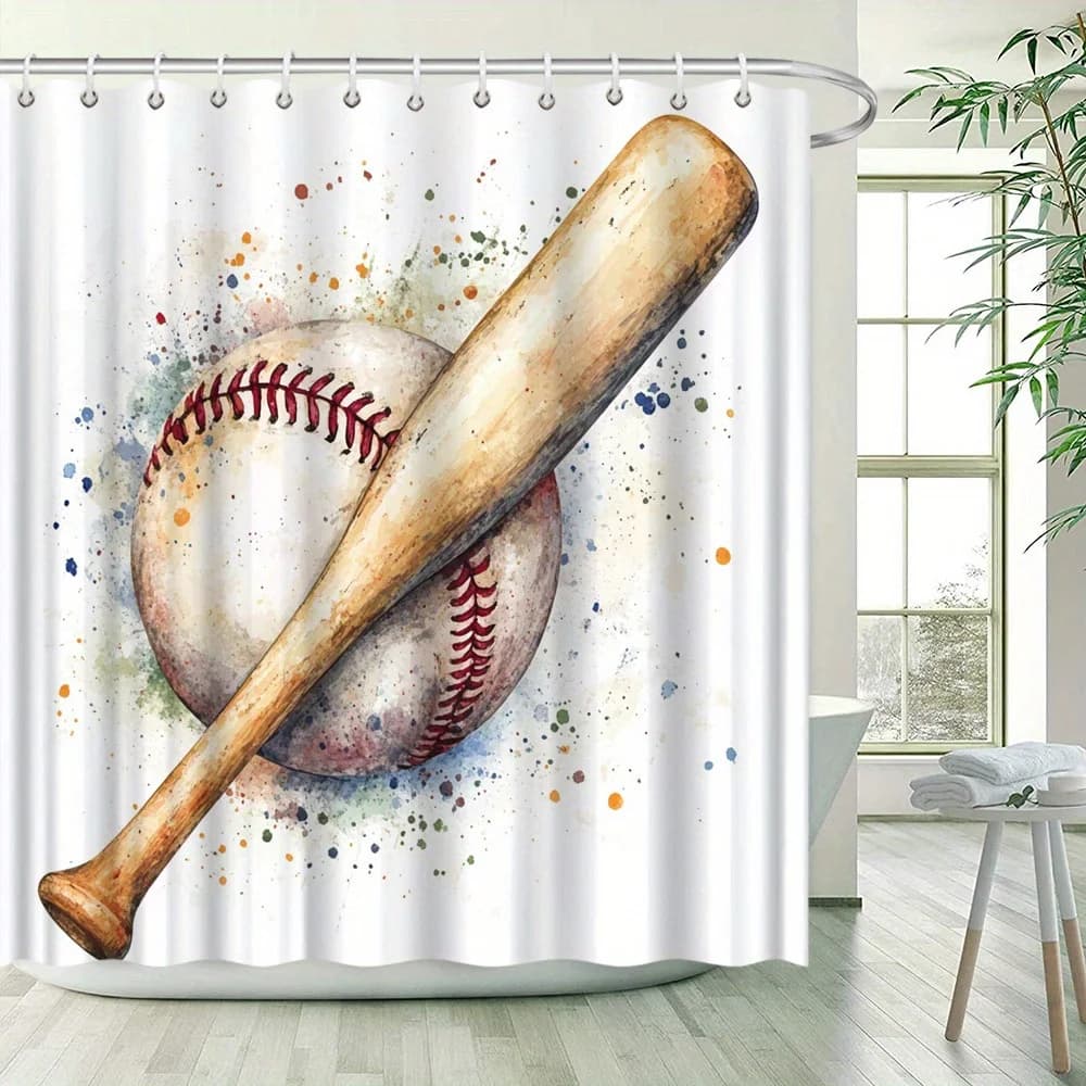 Tenda da doccia da baseball - Mazza e palla in legno acquerello, tema sportivo nostalgico, poliestere resistente all'acqua
