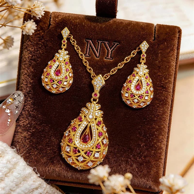 9999 24K Real Gold Dotted Diamond Tang Color Water Drop Pendant Noble Pipa Banquet Earrings Women's Clavicle Chain