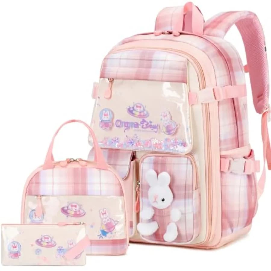 Set di 3 Zaini per Ragazze, Zaino Kawaii con Coniglietto per Scuola, Asilo, Elementari, Prescolare e Medio