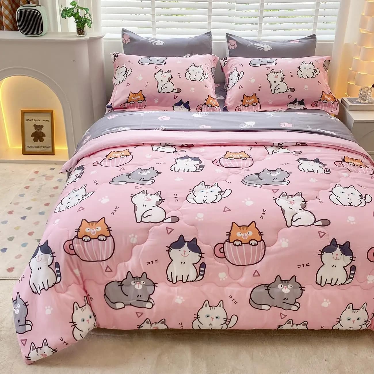 Set Copripiumino 7 Pezzi per Gatti, Misura Twin, Set Completo per Letto con Motivi Cartoon (1 Copripiumino, 1 Lenzuolo Piatto, 1 Lenzuolo con Angoli, 4 Federe)