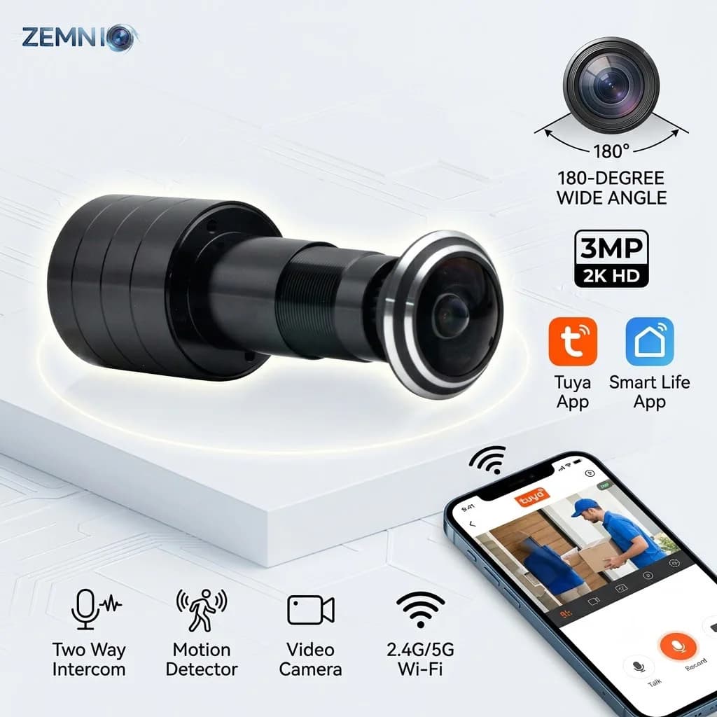 3MP 2K WiFi Peephole Camera,180° Smart Door Viewer, Tuya Smartlife,5G/2.4G Wifi,Motion Detection,Two-Way Audio,TF Card 32-128GB
