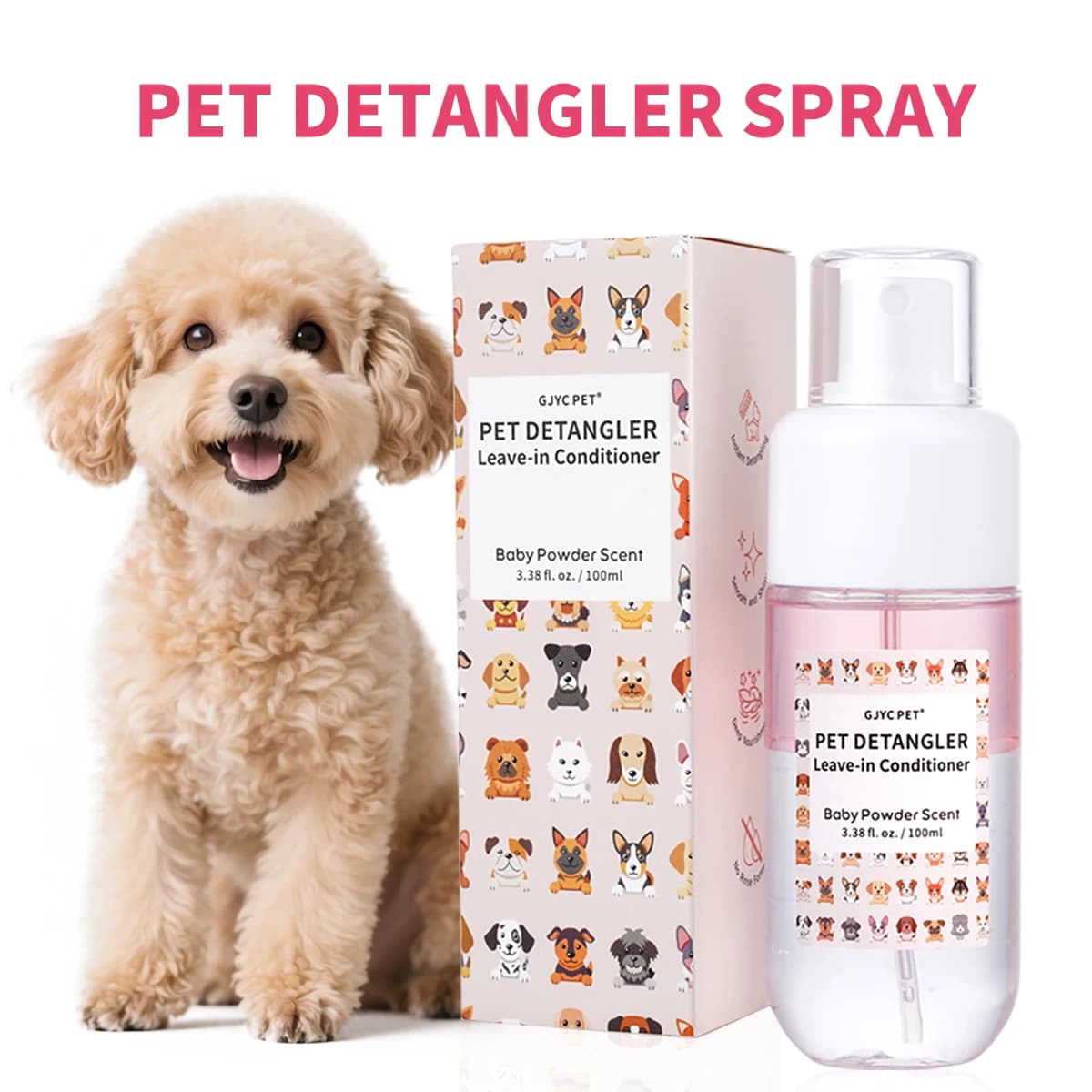Spray districante per peli di animali domestici GJYC PET, profumo di talco, a doppio strato olio-acqua, senza alcol, leviga il pelo per cani e gatti