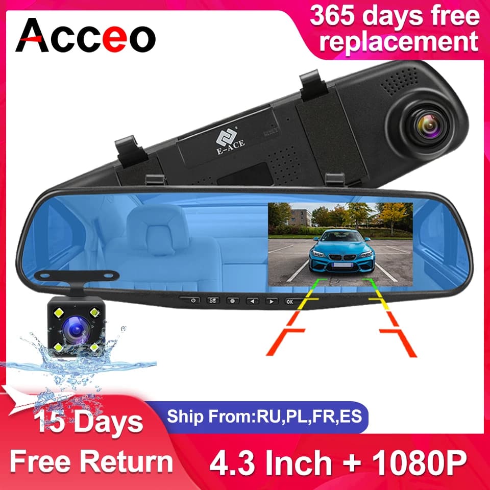 Dashcam 4.3Inch 1080P IPS Car DVR Driving Recorder Rearview Mirror Dual Lens Car Recorder Support Rear View Camera Black Box