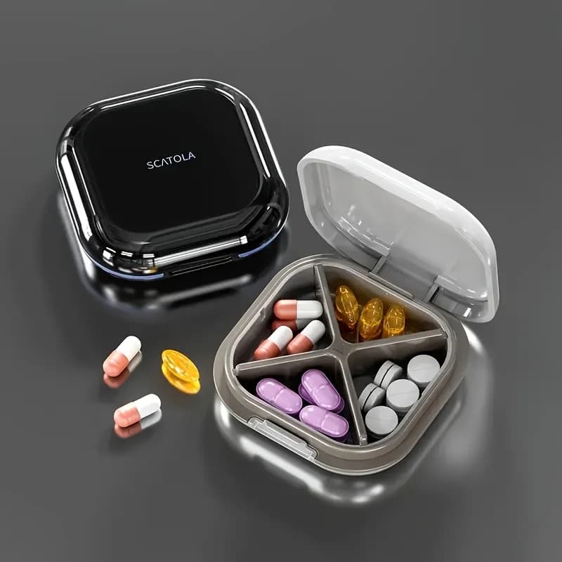 Organizer per pillole da viaggio a 4 scomparti, contenitore portatile per medicinali dal design trasparente - custodia per integratori vitaminici con tappo di sicurezza