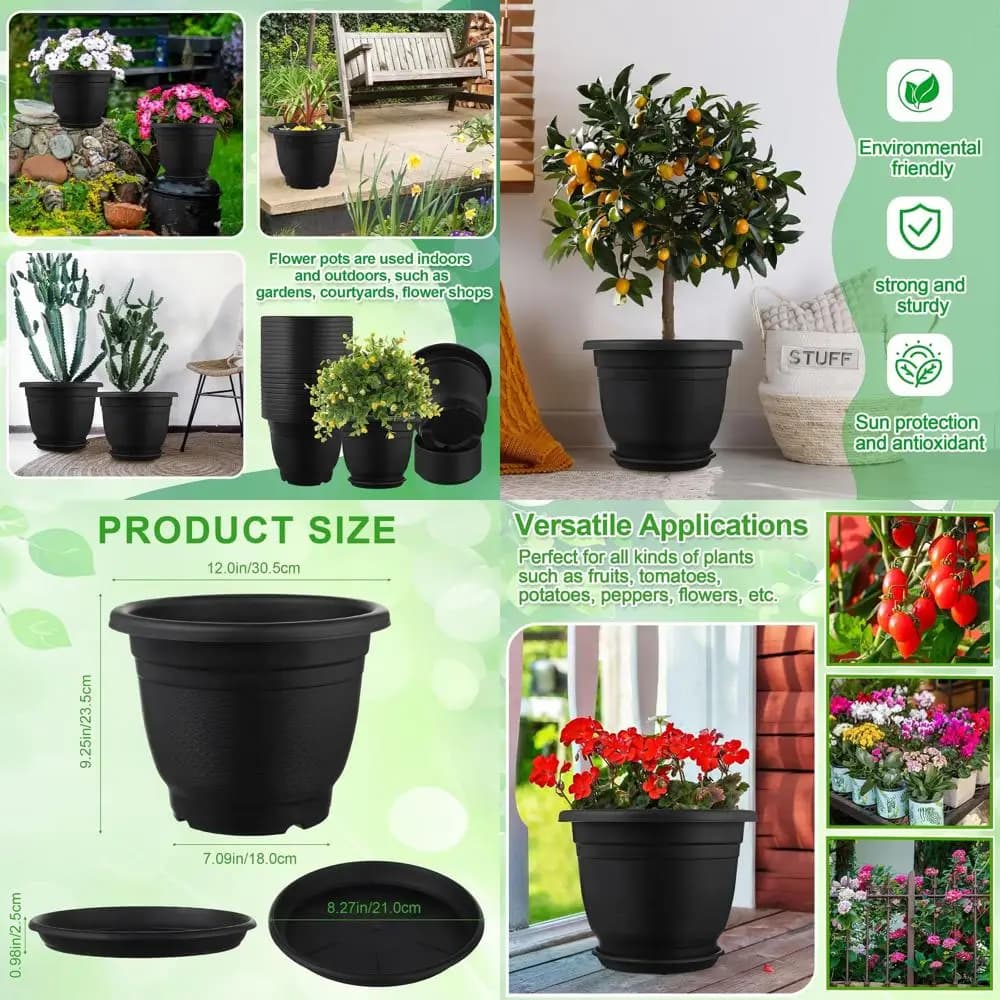 Set di 12 Vasi Rotondi in Plastica da 30 cm con Sottovaso, Vasi per Semenzai per Uso Interno/Esterno (Nero)