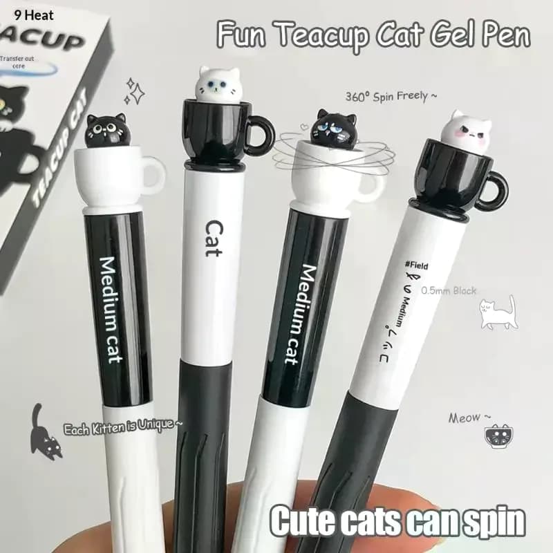 Cute Teacup Cat Gel Pens 0.5mm Fun Animal Quick Dry Pen Creative Rotating Cat Pocket Pen For School & Office Use