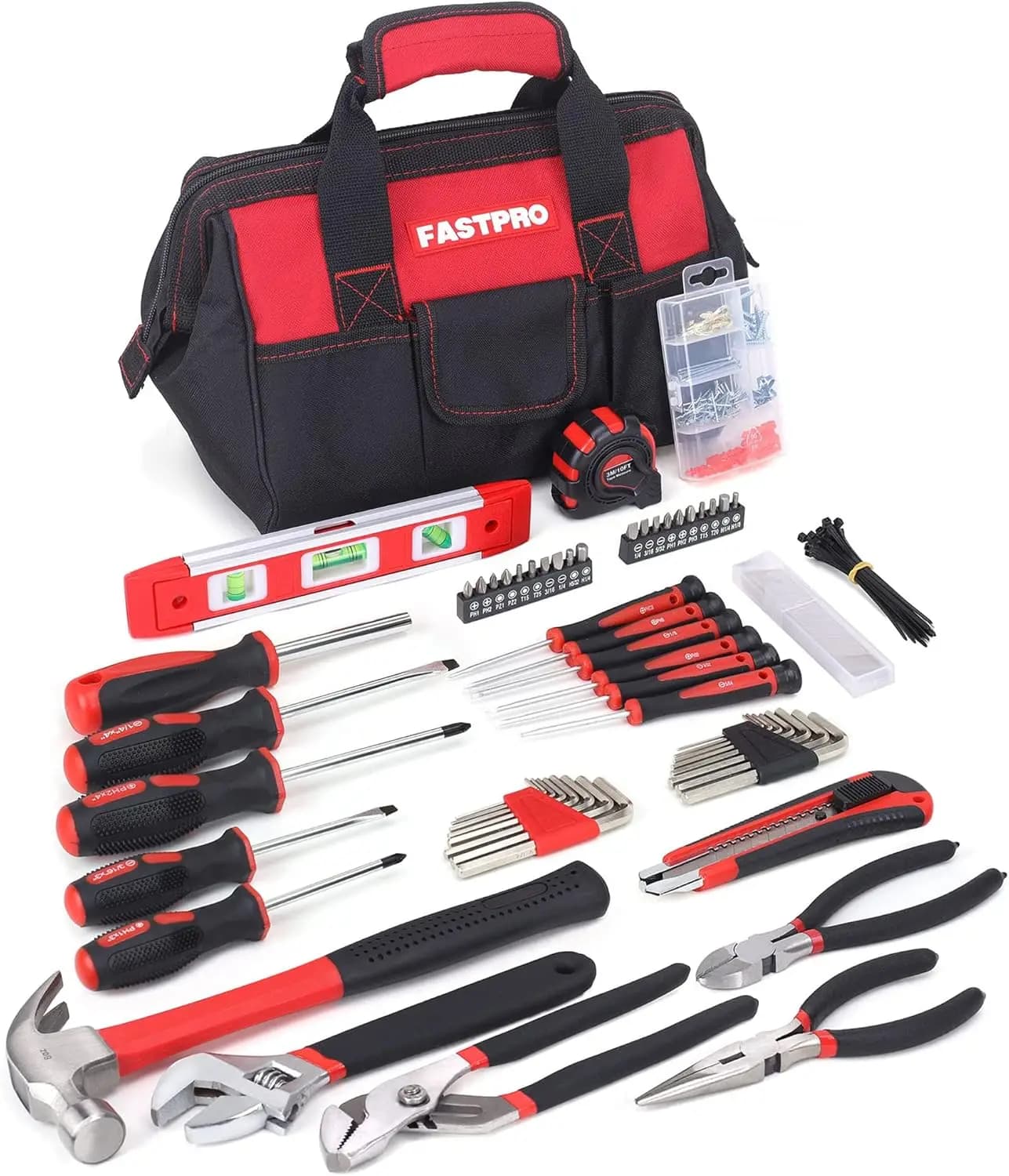 Set di Attrezzi per Riparazioni Domestiche da 215 Pezzi con Borsa Portaoggetti da 12 Pollici, Kit di Utensili Manuali per la Casa, Rosso