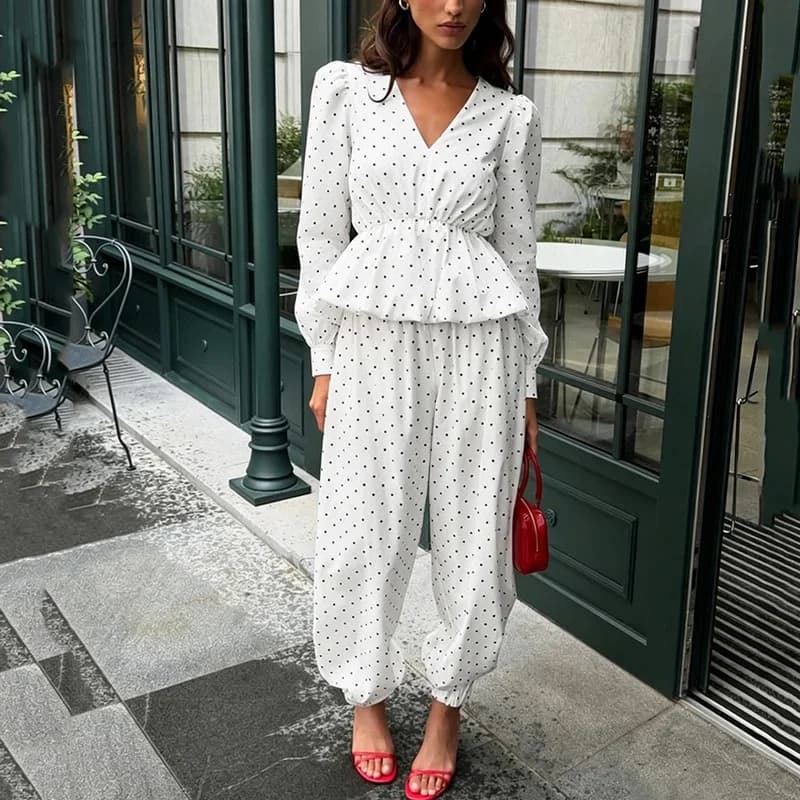 Vintage Cotton Polka Dot Trousers Suits Women 2026 Casual Ruffles V Neck Blouse With Elastic Waist Long Pants 2 Piece Sets