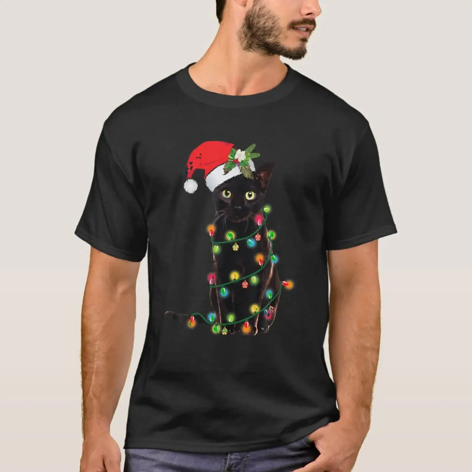 Santa Black Cat Tangled Up In Christmas Tree Light T Shirt vintage Washed Casual fashion Soft Slightly Comfortable Unisex