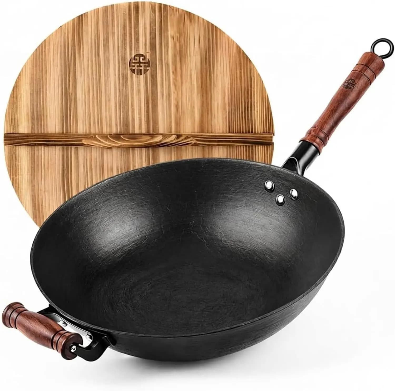Wok in Ghisa da 12,6 Pollici con Coperchio in Legno, Padella Cinese a Fondo Piatto per Cucina a Induzione, Gas ed Elettrica