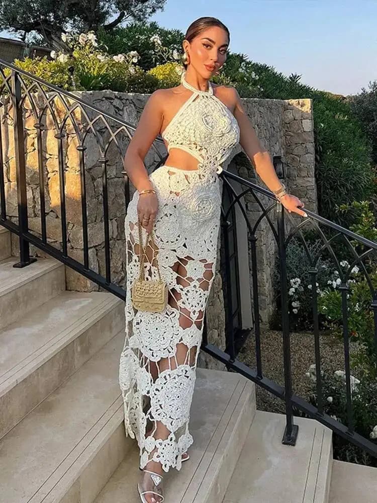 Hook Crochet Flower Long Dresses Women Knitted Halter Sexy Hollow Out Sleeveless Backless Maxi Dress Holiday Beach Robes SYK8