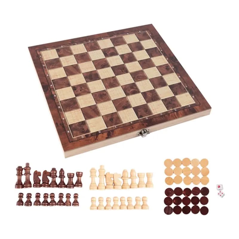 A89E-Wooden Foldable 3 In 1 Chess Backgammon Wooden Board Folding Board Game