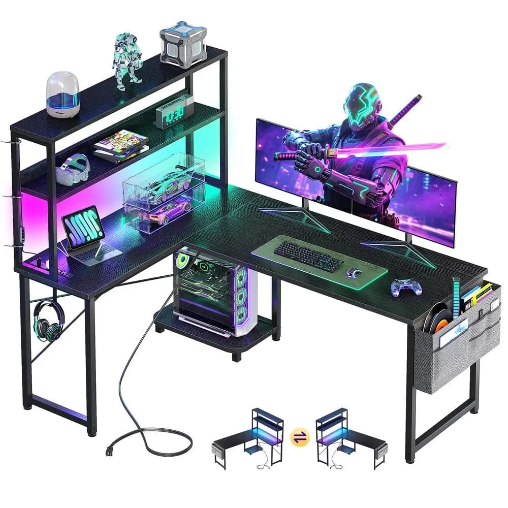 Scrivania da gaming a forma di L con luce LED e presa di corrente, tavolo reversibile a forma di L da 53 pollici con ripiani, scrivania per computer con spazio di archiviazione
