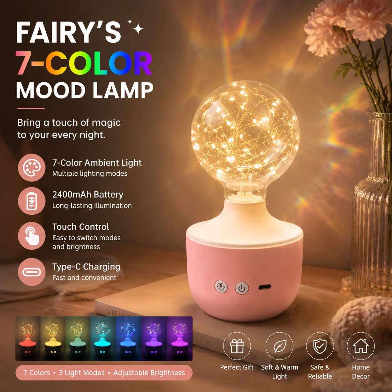 Lampada da Tavolo Stile Ins a 7 Colori, Luce Notturna Ricaricabile 2400mAh per Camera da Letto, Scrivania, Arredamento Casa, Controllo Touch, Bianco Rosa Arancione