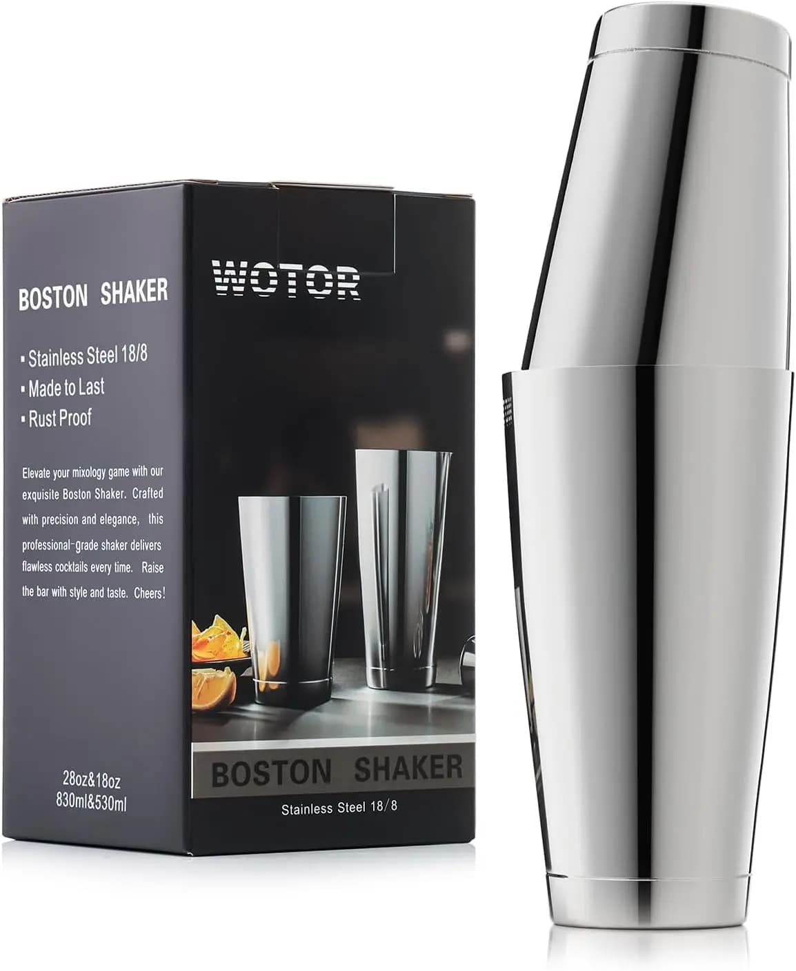 Boston Cocktail Shaker Set, 18 oz and 28 oz Stainless Steel Shaker, Metal Drink Mixer for Bartending, Bar Professional Tools for Barman (Silver)