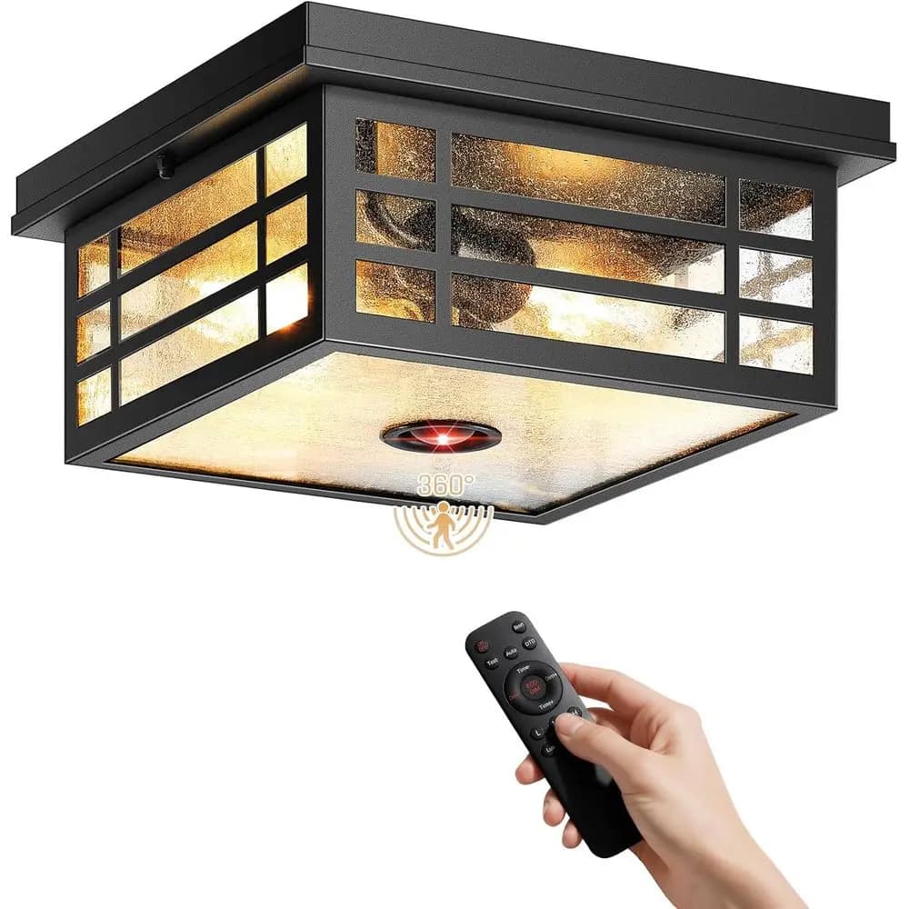 Lampada da soffitto per esterni con sensore di movimento e telecomando, illuminazione per portico nera con vetro smerigliato, lampada da esterno a montaggio a soffitto