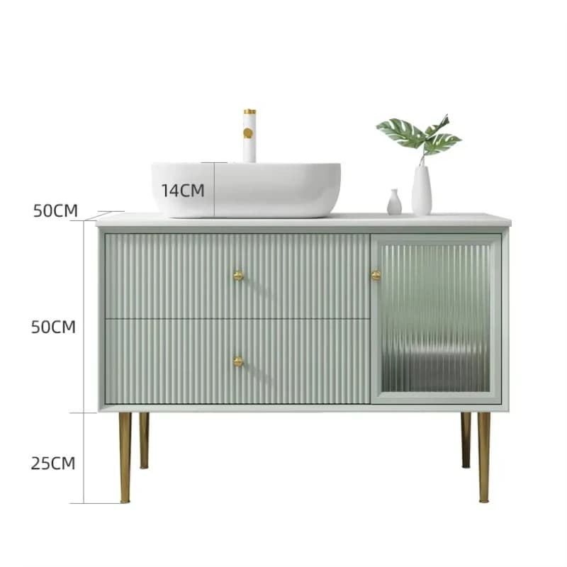 Mobiletto da bagno dal pavimento al soffitto con lavabo singolo rettangolare moderno personalizzato, classico specchio intelligente con piano di lavoro