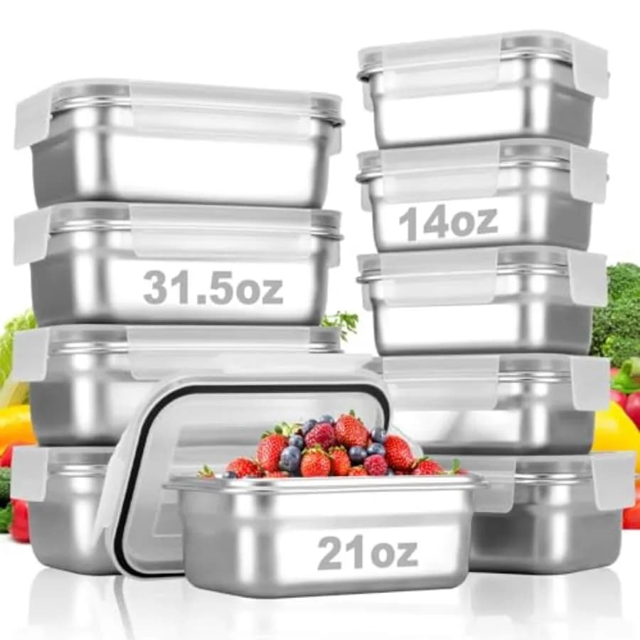 Set di 10 Contenitori Quadrati in Acciaio Inox 304 con Coperchi Ermetici, Scatole per Pranzo Bento in Metallo, Contenitori Riutilizzabili per Preparazione Pasti