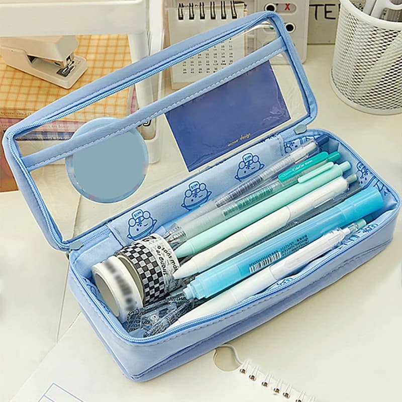 Astuccio trasparente Kawaii da 1 pezzo, scatola per penne impermeabile di grande capacità per ragazze, borsa per cosmetici, materiale scolastico per ufficio di cancelleria
