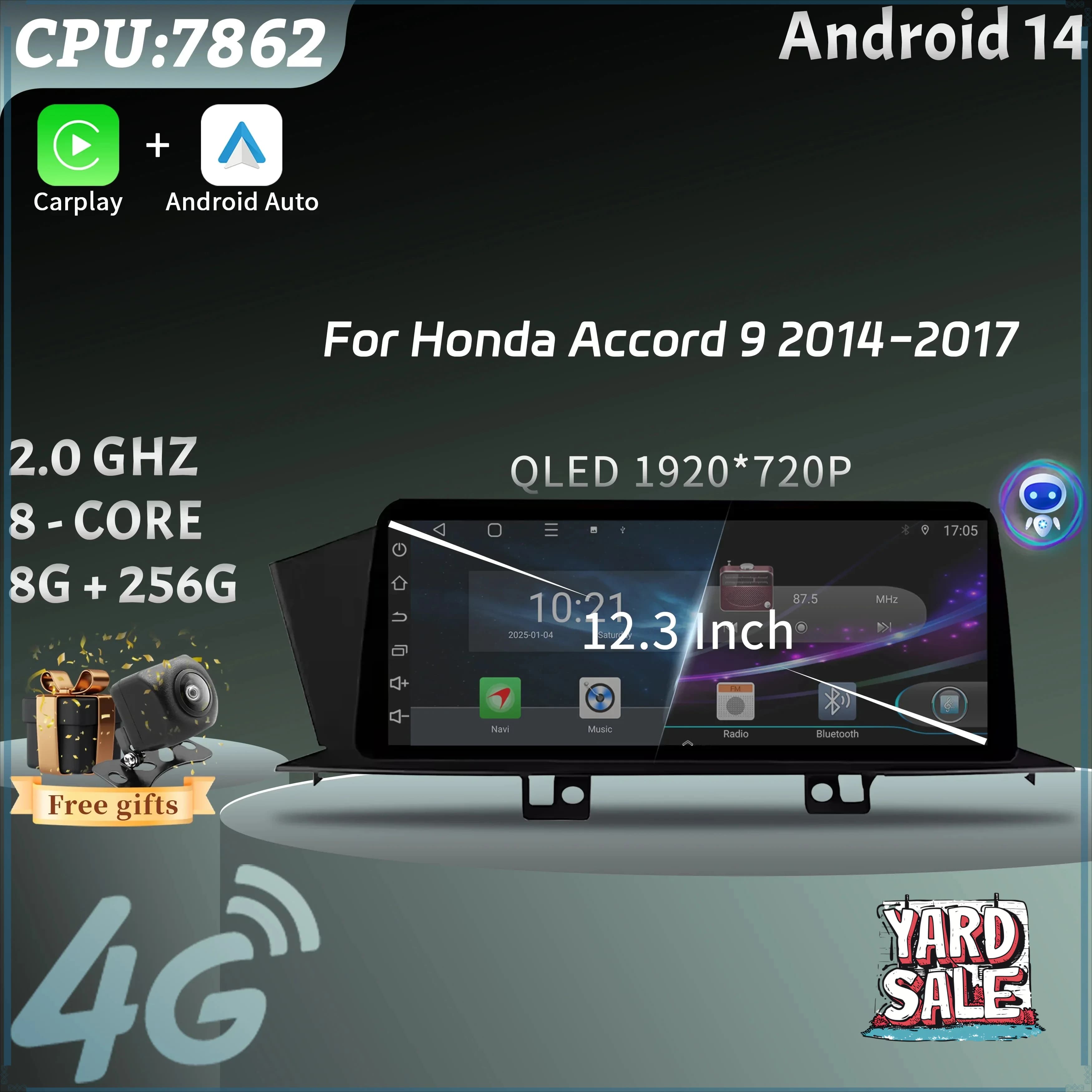 12.3 Car Radio Multimedia Navigation GPS Wireless Android 14 BT CarPlay 4G Head Unit Stereo Screen For Honda Accord 9 2014-2017