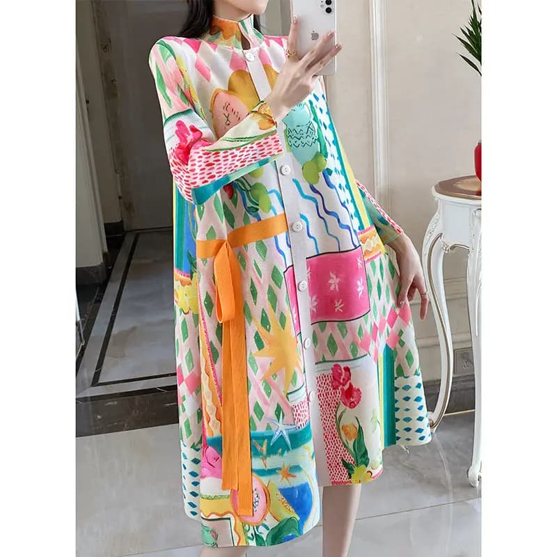 Abito camicia di marca di lusso Stampa abiti maxi a pieghe larghe con lacci monopetto Nuova primavera estate Abito a maniche lunghe elastico