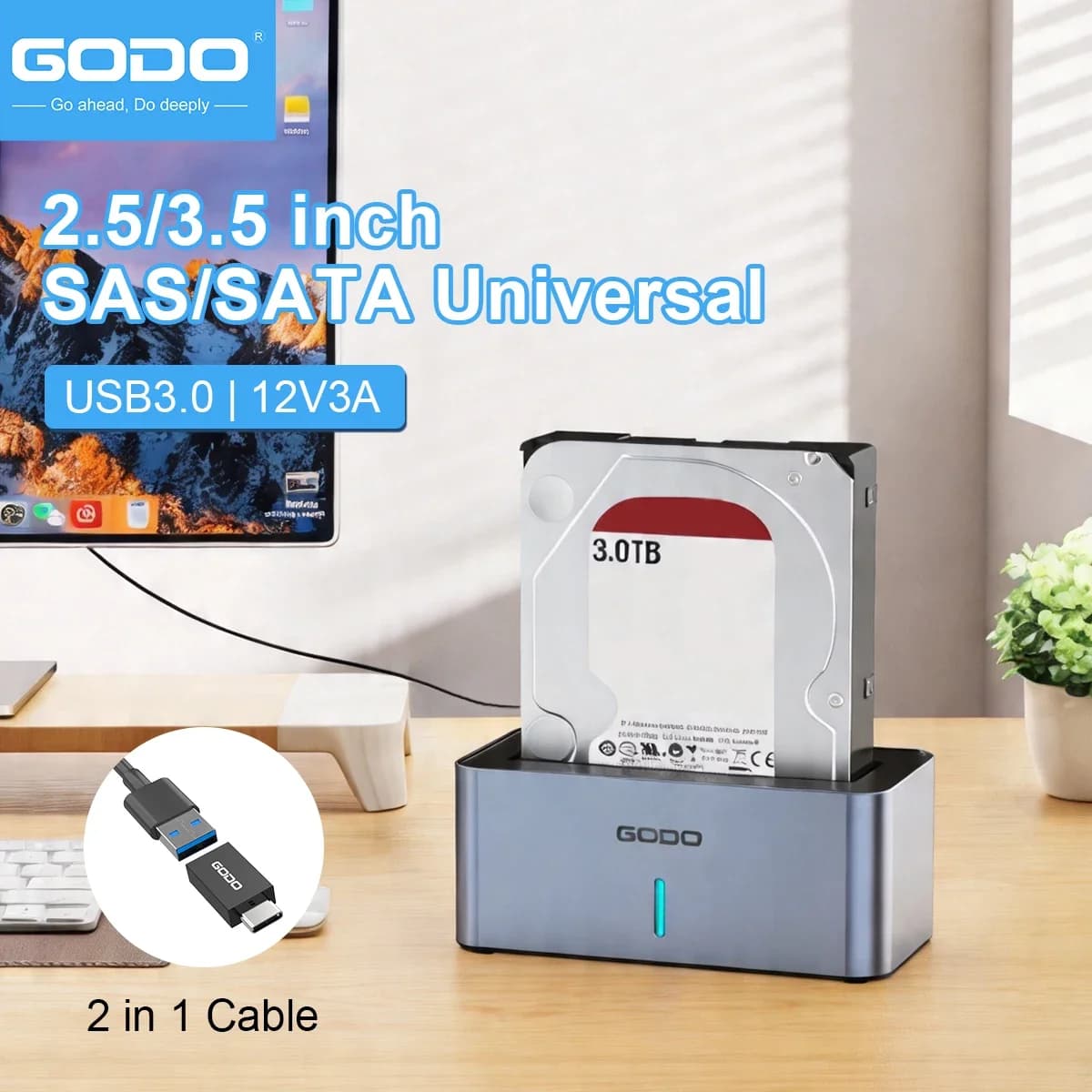 Docking station per HDD GODO SAS/SATA USB 3.0 Custodia esterna da 2,5/3,5 pollici per HDD/SSD con alimentazione 12V/2,5A