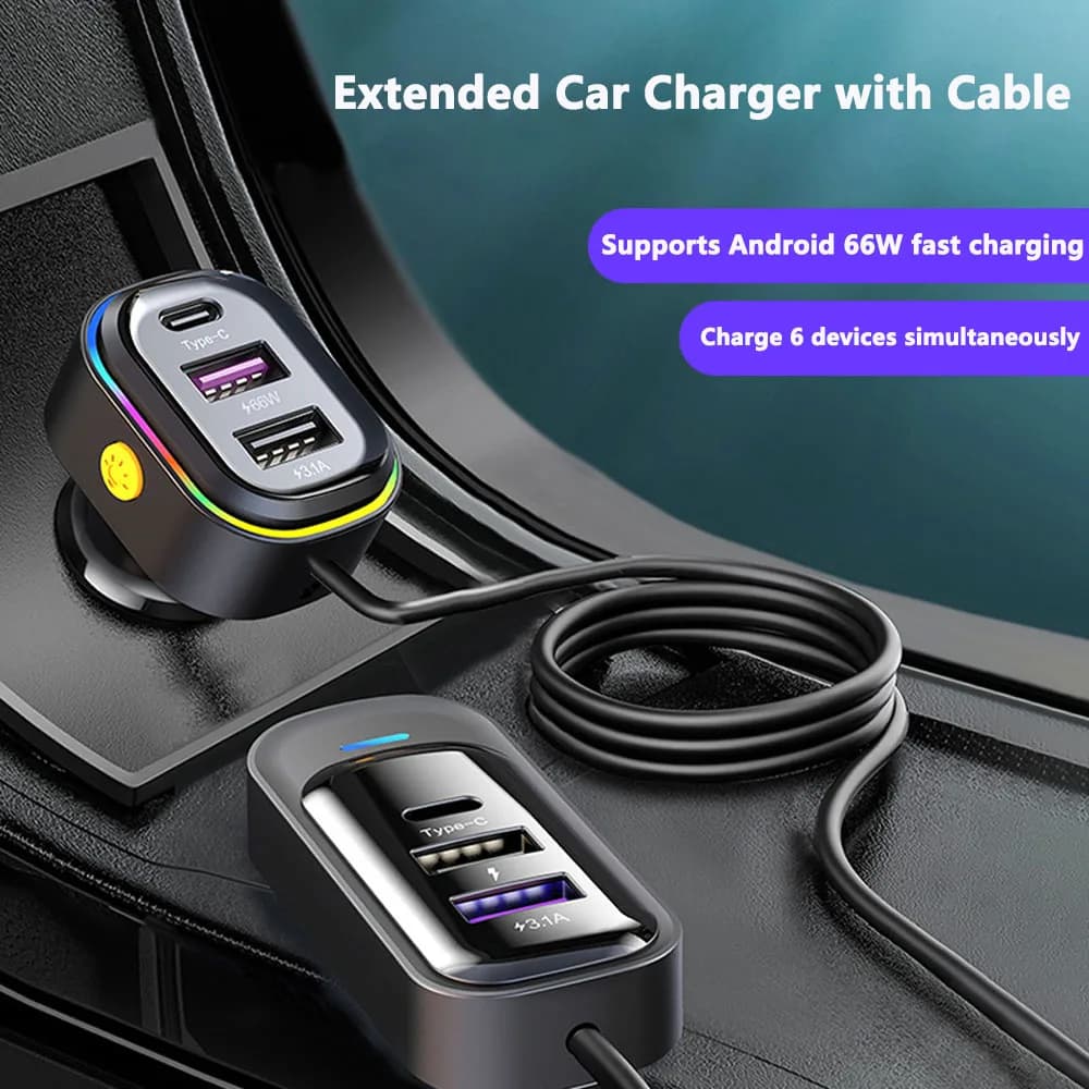 Caricatore USB per Auto, Multifunzione, Ricarica Super Veloce 66W, Caricatore Cablato Multi-porta per Telefono per Sedili Posteriori Auto