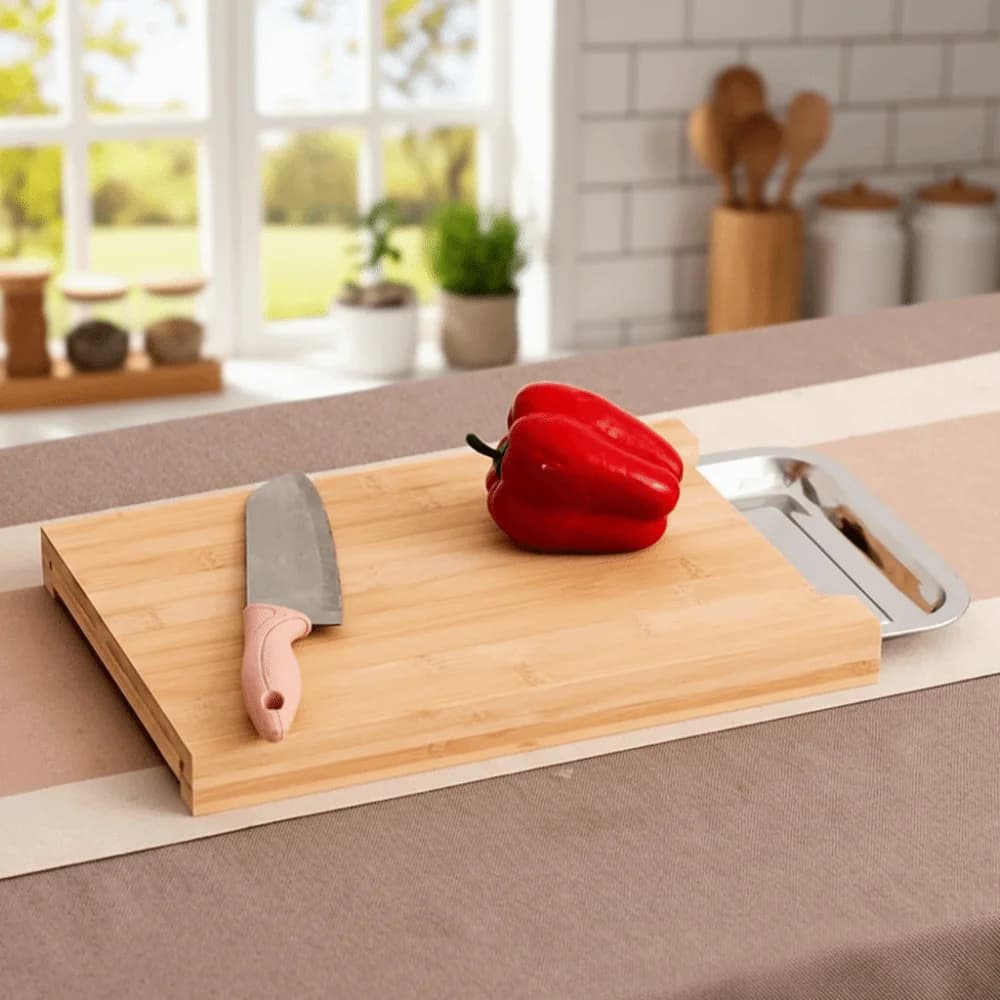 Tagliere in Legno Spesso con Cassetti, Multifunzionale, Antiscivolo ed Ecologico per Tagliare il Pane