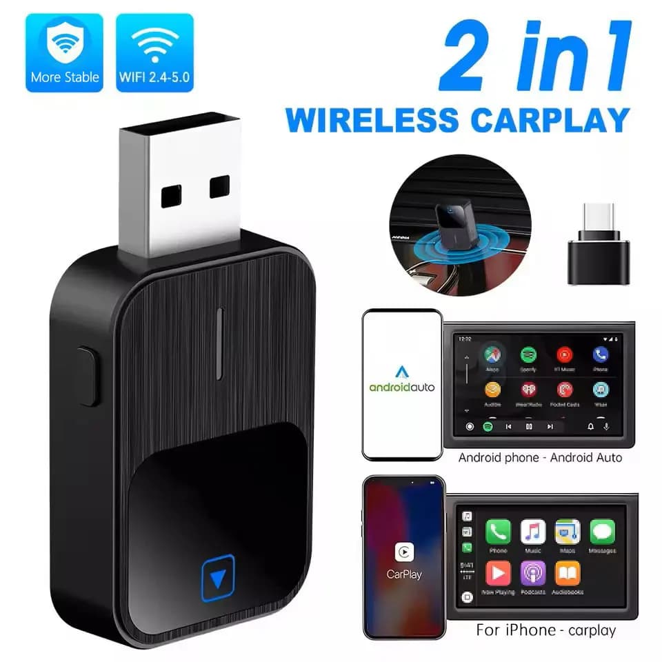 Wireless Craplay Per iPhone CarPlay/Android Auto adattatori, doppia connessione telefonica, configurazione rapida, Wi-Fi integrato, porta USB/tipo C