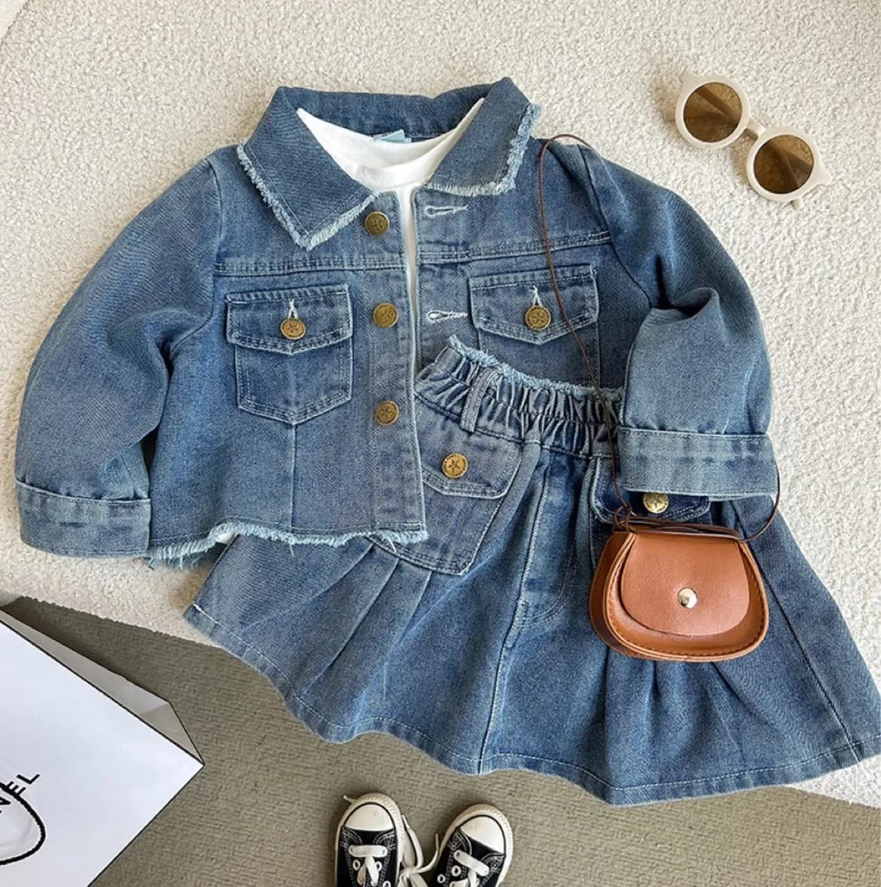 Set di abbigliamento per bambini cappotto di jeans a maniche lunghe con risvolto in Denim + gonna a pieghe completo per bambina Set di vestiti per bambini ragazze da 2 a 7 anni