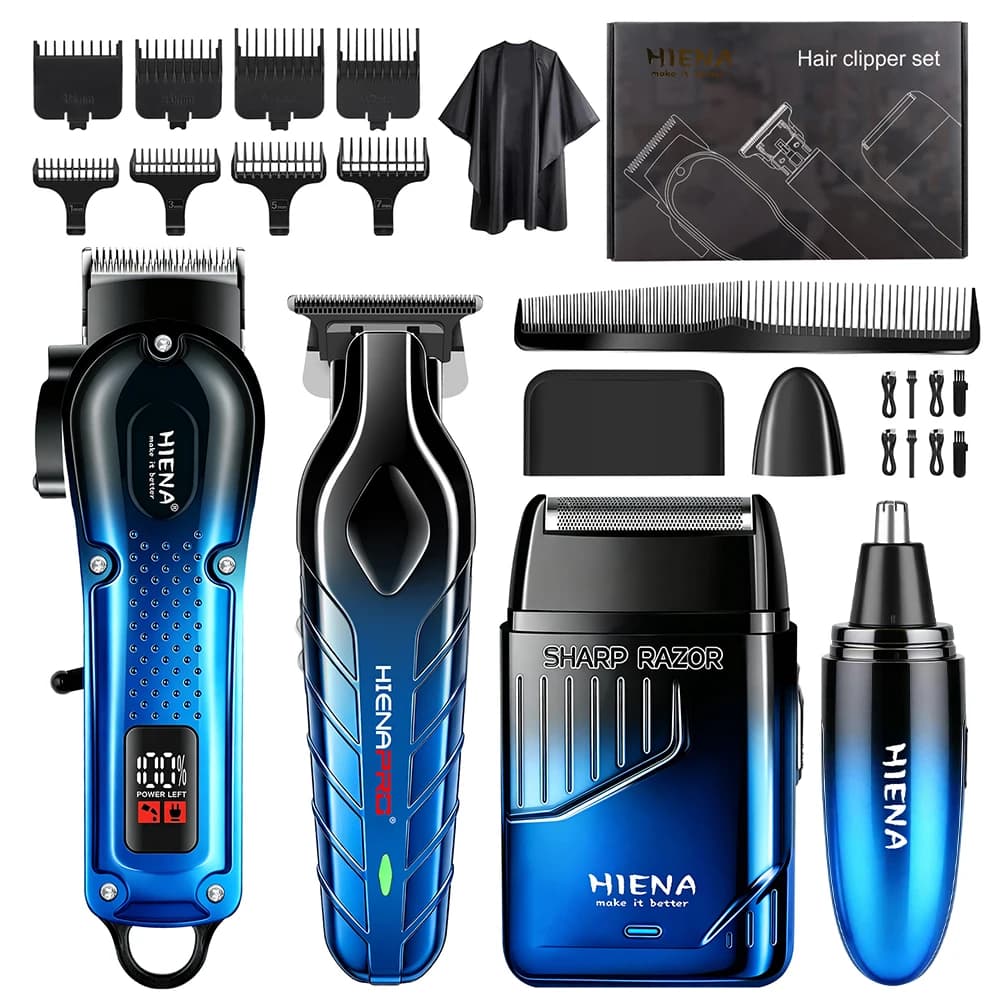Gradient Blue HIENA 4in1 LCD Hair Clipper Cordless Trimmer Shaver Nose Trimmer USB Barber Grooming Kit