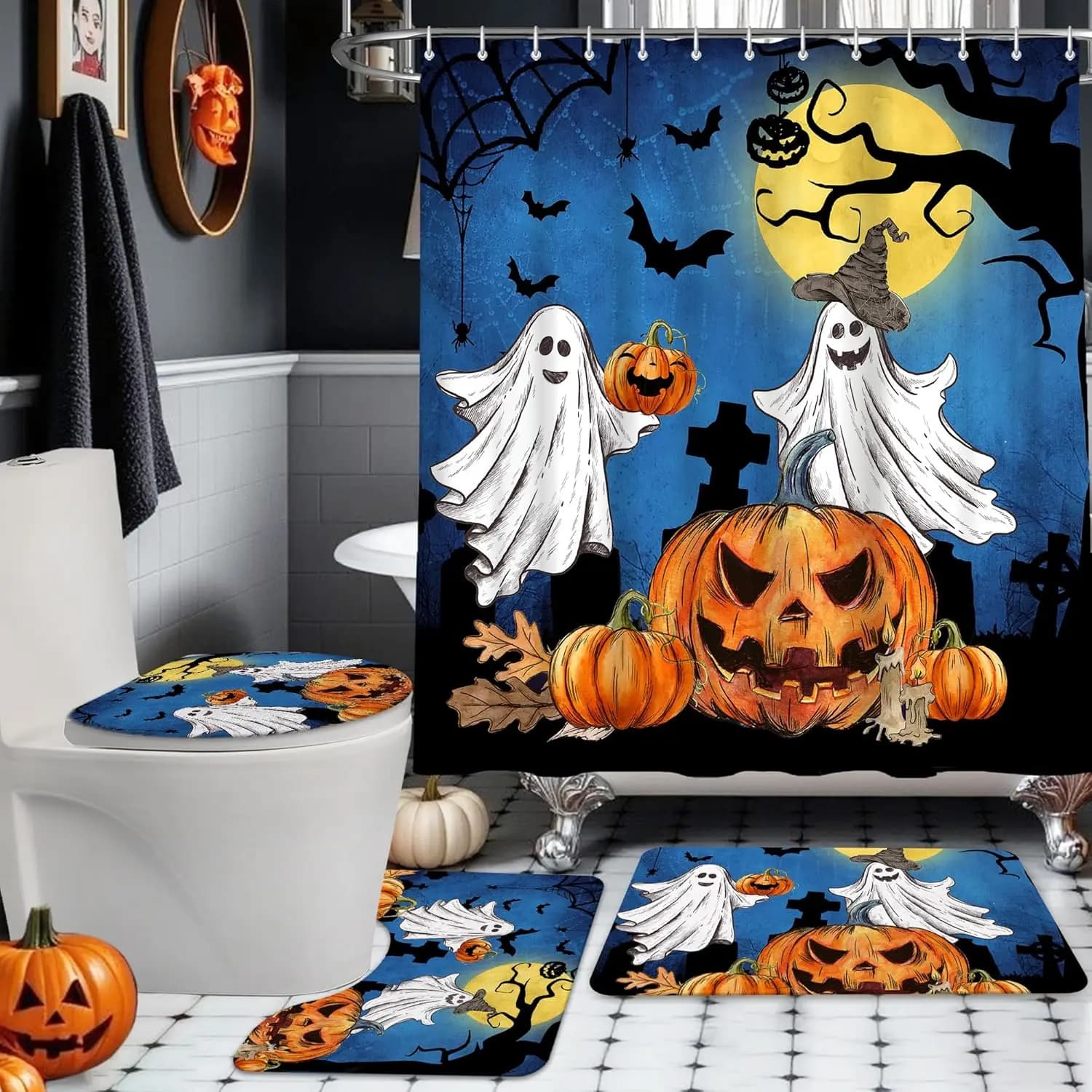 Halloween Shower Curtain Set, Halloween Bathroom Set 4, Bathroom Decor Sets with Shower Curtain and Rugs Accessories, Ghost