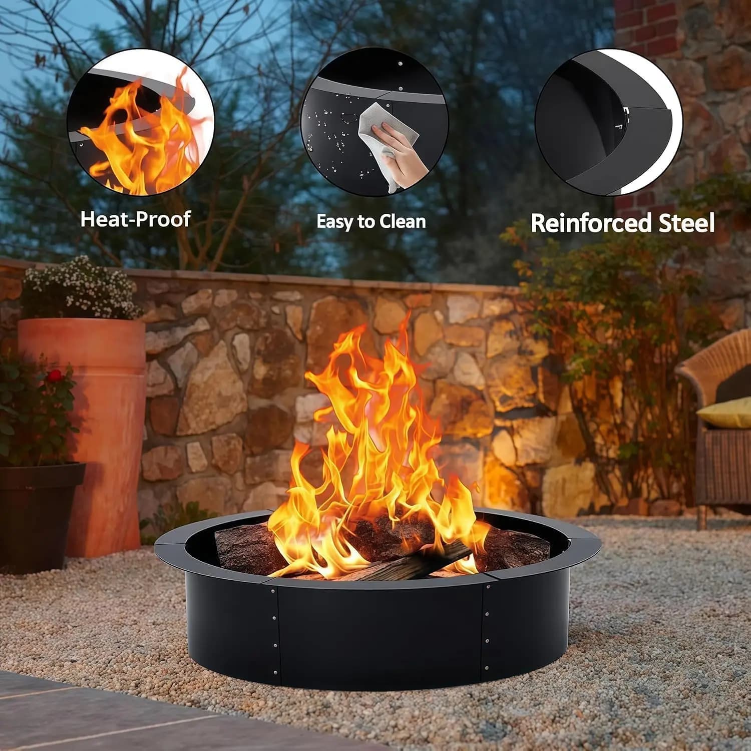 Anello per braciere senza fumo da 48/60 pollici, braciere rotondo da esterno in acciaio al carbonio con fori di ventilazione per legna da ardere, giardino, patio, cortile.