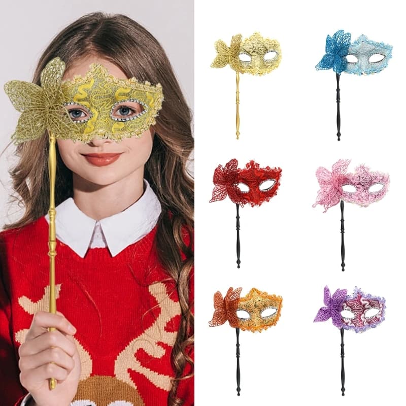 Dressing Mask with Stick Butterfly Mask Face Mask Halloween Party Mask