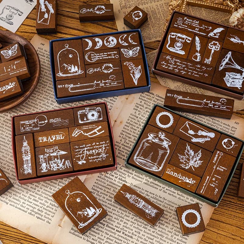 7 Pcs/Set Retro Cartoon Wooden Rubber Stamps Diy Scrapbooking Stationery Standard Seal Seal Scrapbook Planner Decorative Stamp