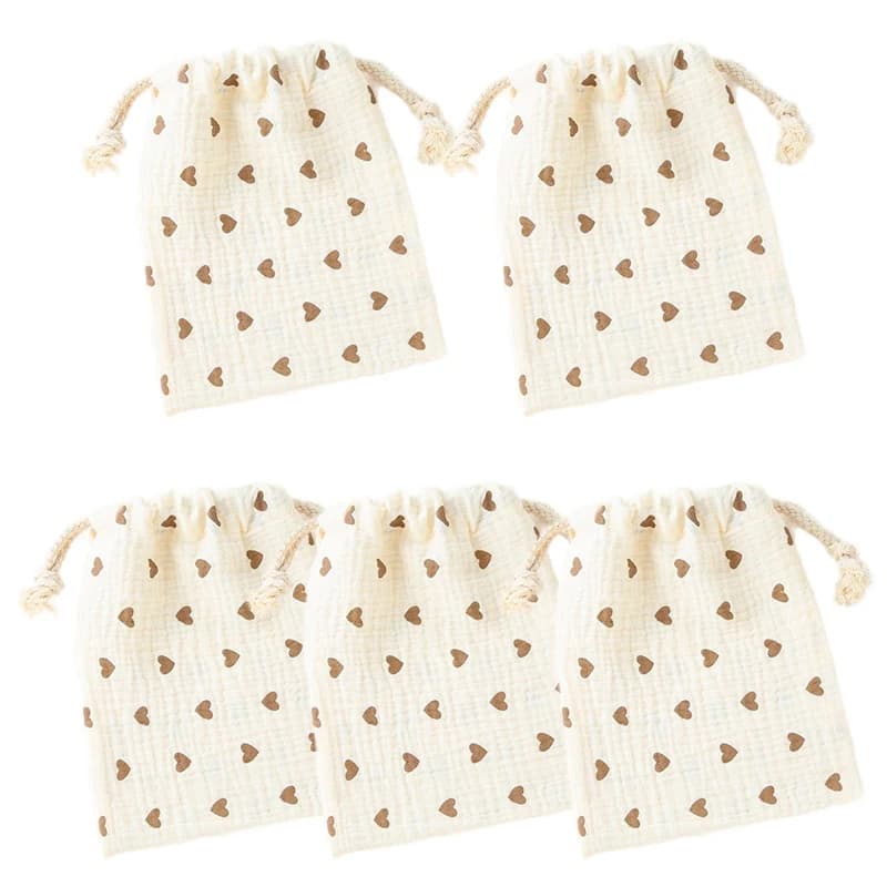 5 sacchetti portaoggetti per mamma in cotone naturale, porta pannolini per bambini all'aperto, simpatici sacchetti con coulisse con stampa a cuore, accessori per bambini