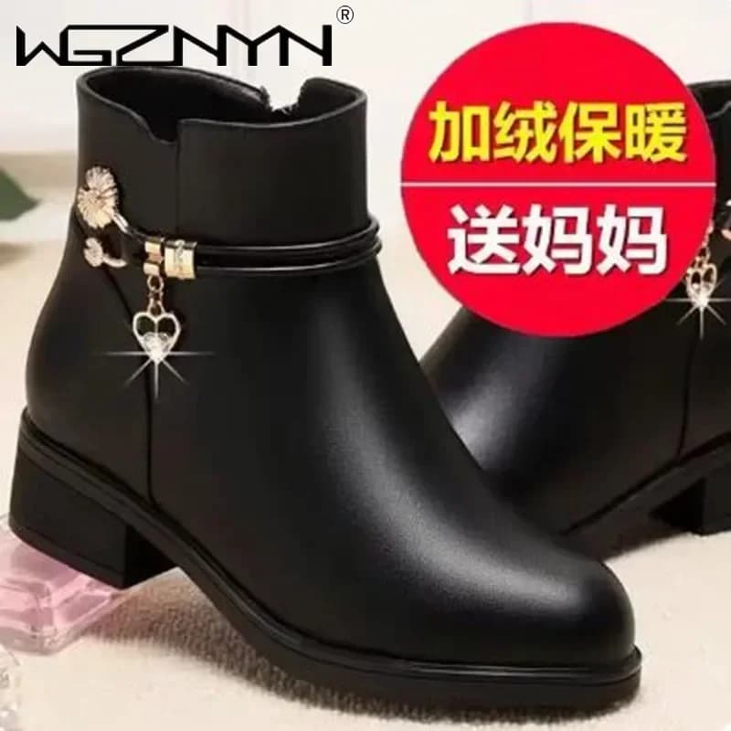 Moda morbida pelle madre scarpe di cotone autunno inverno tacco medio strass stivali da neve da donna comodi stivali corti con suola morbida