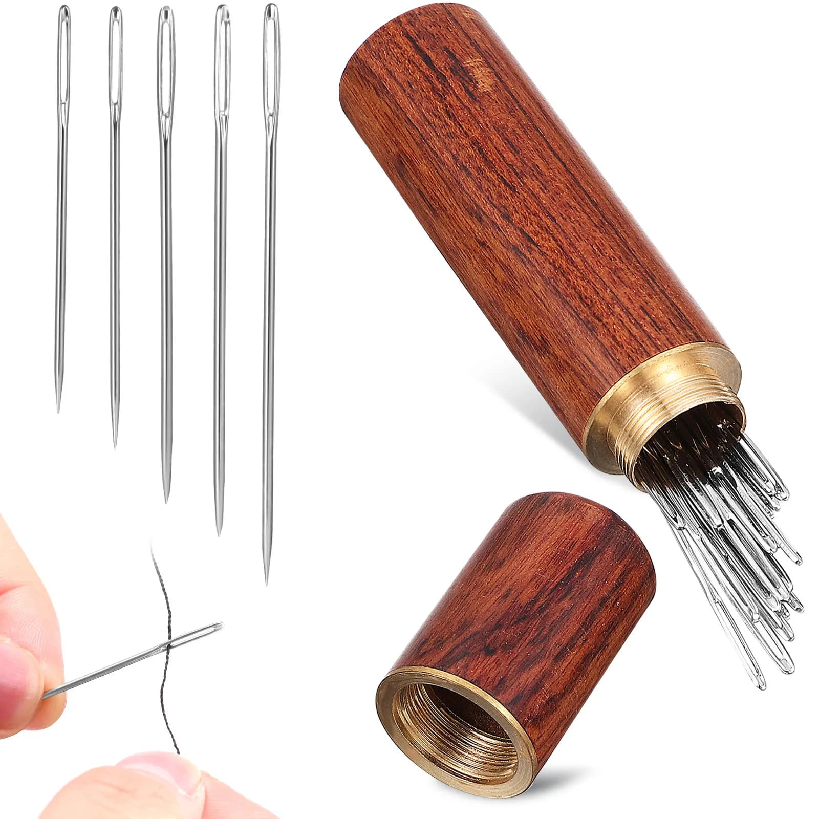 1Set Large Eye Embroidery Needles Stainless Steel Hand Sewing Needles Cross Stitch Sewing Needle Set Portable Wooden Storage