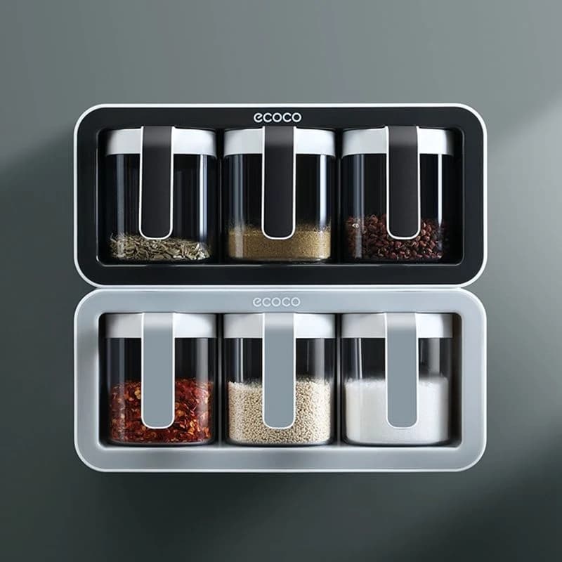 Set di Barattoli per Spezie a Tre Scomparti 390ml da Parete con Cucchiaio, Contenitori per Condimenti, Scatola per Sale, Zucchero, Pepe e Spezie