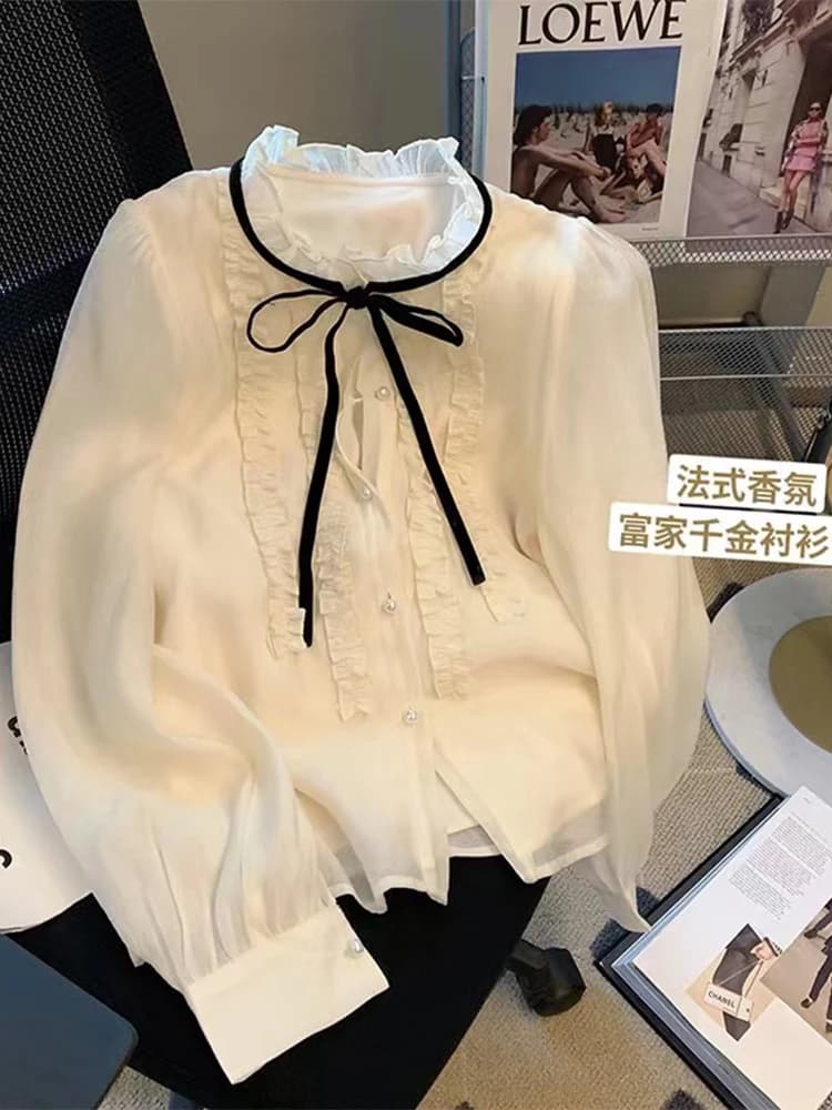 Women's Apricot Shirts and Blouses Vintage Y2k 90s Aesthetic French Style 2000s Elegant Long Sleeve Luxury Shirt Clothes Autumn