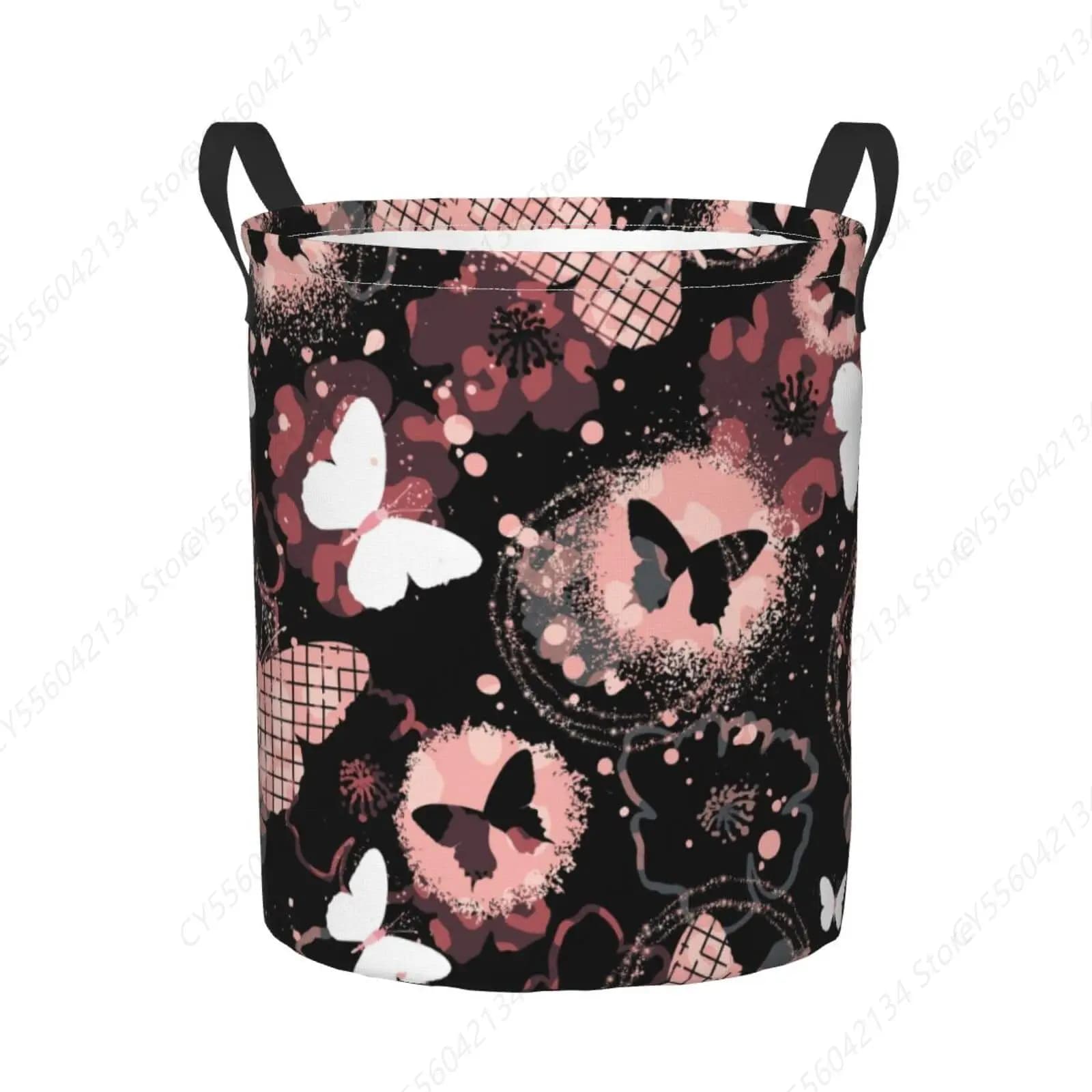 Linen basket with round black butterflies with handle, folding canvas container, laundry/player bag