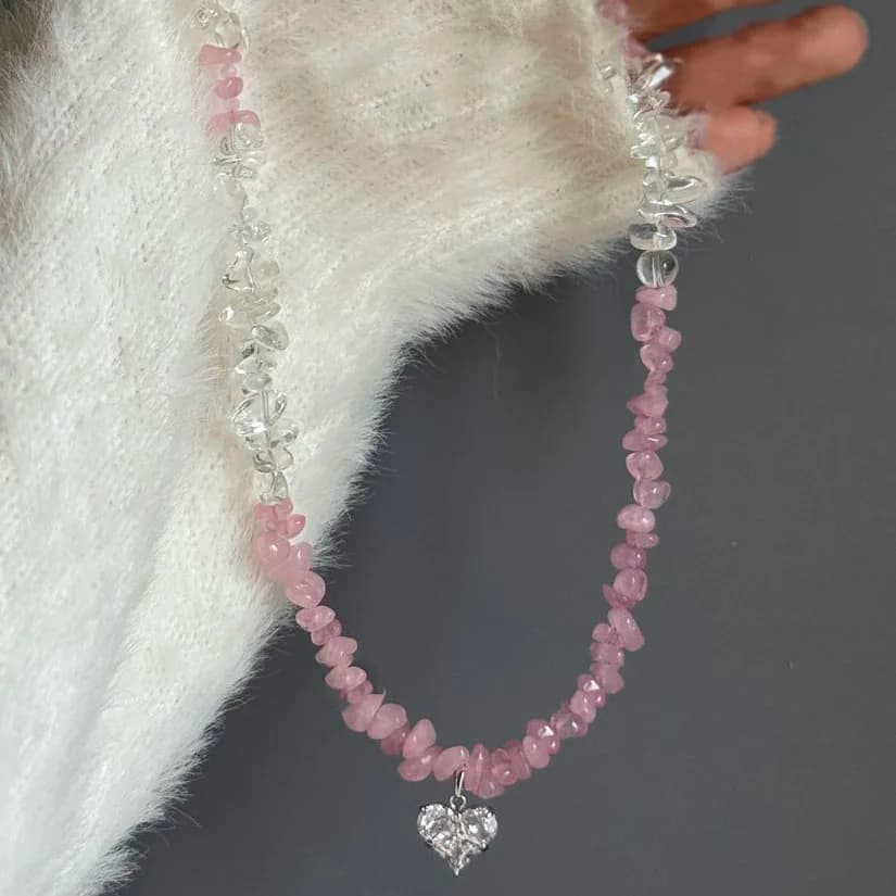 Nuova Collana con Ciondolo a Cuore in Zircone Vintage Irregolare per Donne, Catena con Pietre Rosa e Bianche, Regalo di San Valentino N0548