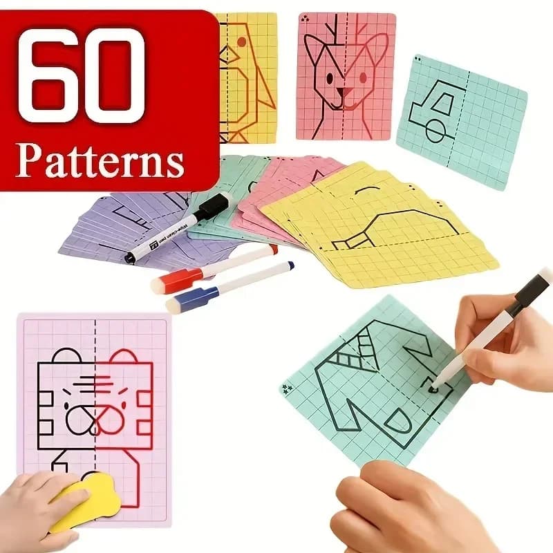 60 carte da disegno simmetiche riutilizzabili modellate, set di formazione artistica con penna, attività educative portatili, regali di Natale e compleanno