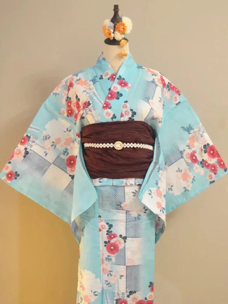 Traditional Yukata Bathrobe Cotton Linen Material Women's Dress Square Grid Vine Flower Pattern Summer New Arrival