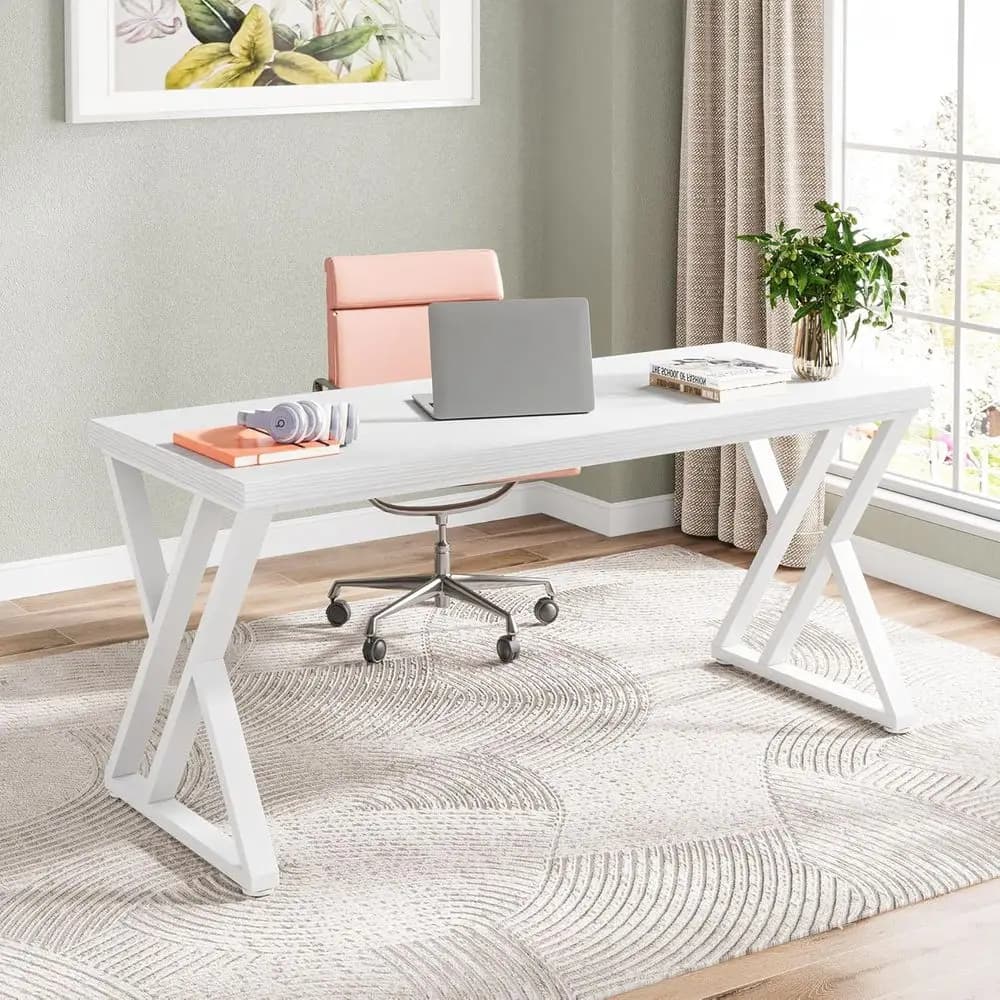 Scrivania da studio con gambe a Z per carichi pesanti 55, elegante scrivania per computer da ufficio domestico bianca